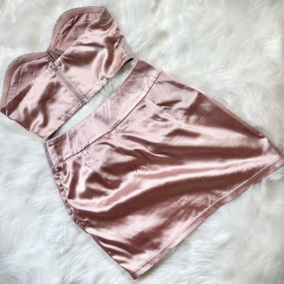 Satin Mauve Dusty Rose Pink Sequin Diamond Trim Two Piece Top and Skirt Set (S) - Picture 9 of 12